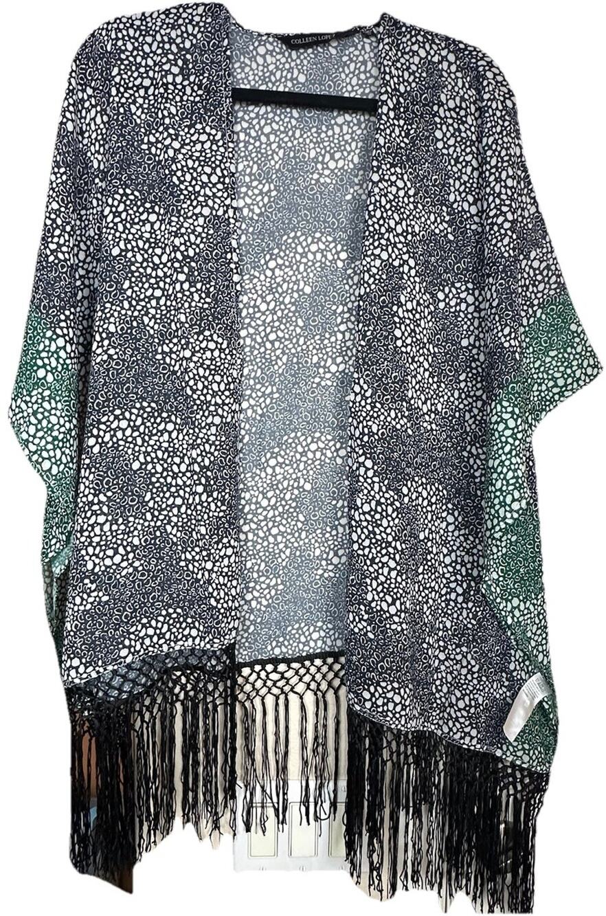 Colleen Lopez Women’s Vibrant Shawl Cardigan Kimono Wrap Woven Fringe Sz XS NEW